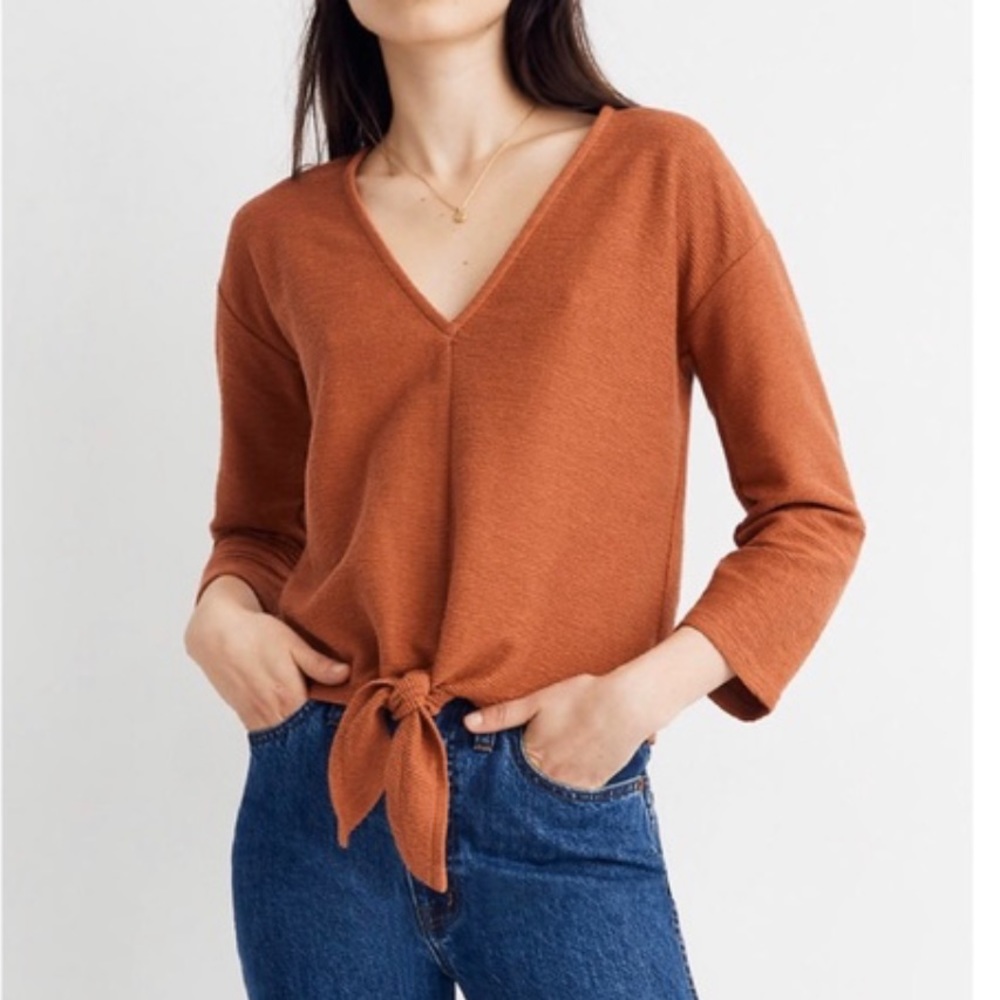 Madewell Texture & Thread Orange Tie Front Cotton V-Neck Sweater Size Medium